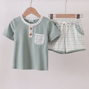 Kids Short Sleeve Set with Mint Green Top and Gingham Shorts